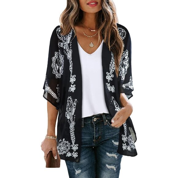 🆕Women Black Floral Kimono Cardigan Beach Cover-up Casual Jacket Polyester - Picture 1 of 6
